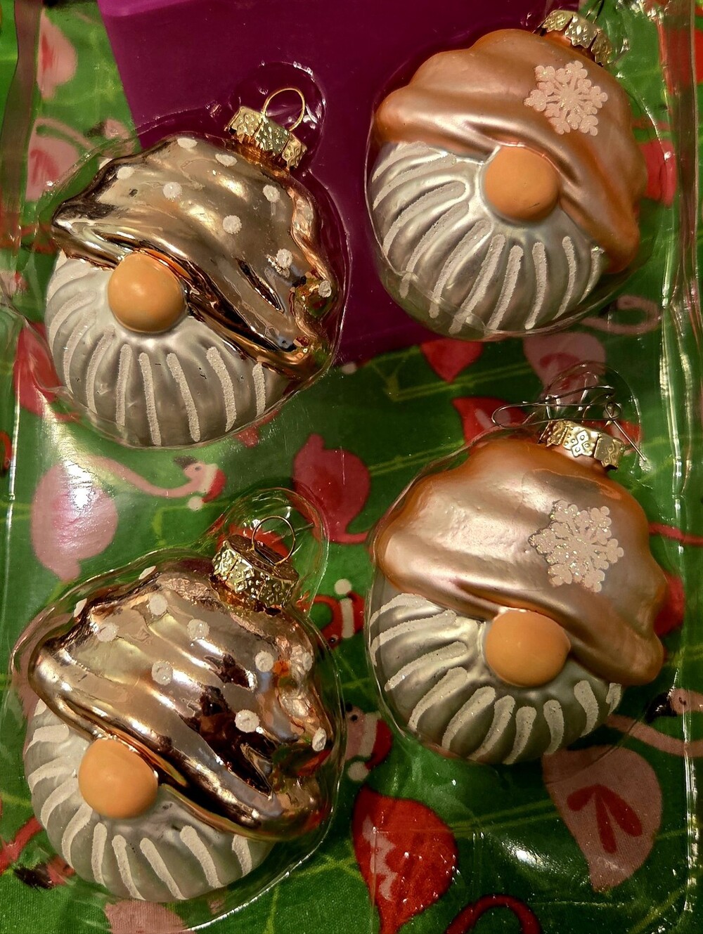 4 Glass Ornaments - Pink Hat Gnomes - Set Of 4